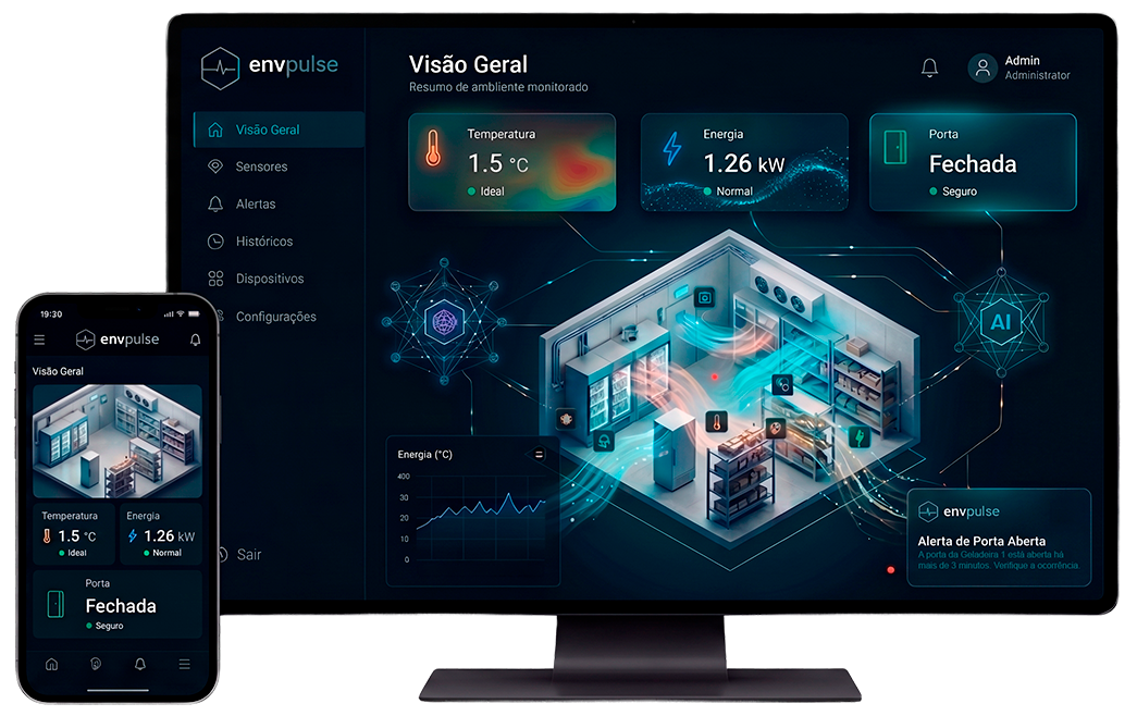 Painel envpulse — visão geral, app mobile e sensor de porta