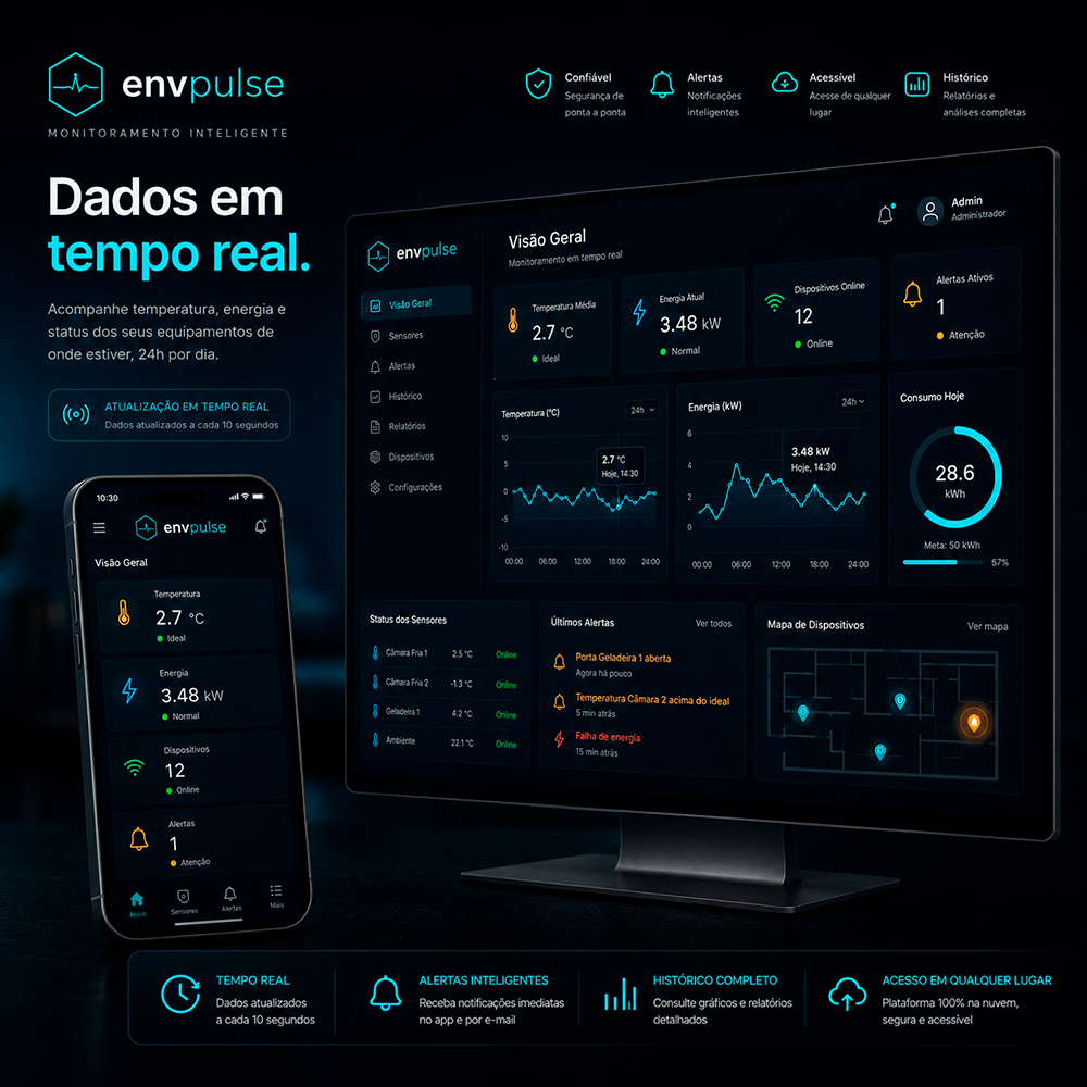Plataforma envpulse — dashboard em tempo real (desktop + app)