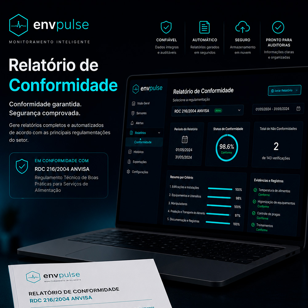 Relatório de Conformidade envpulse — RDC ANVISA, exportável em PDF/XLSX/CSV