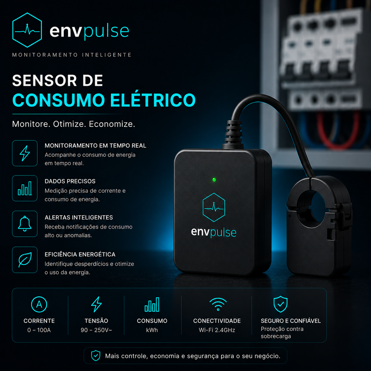 Sensor de Consumo Elétrico envpulse — corrente, tensão e potência