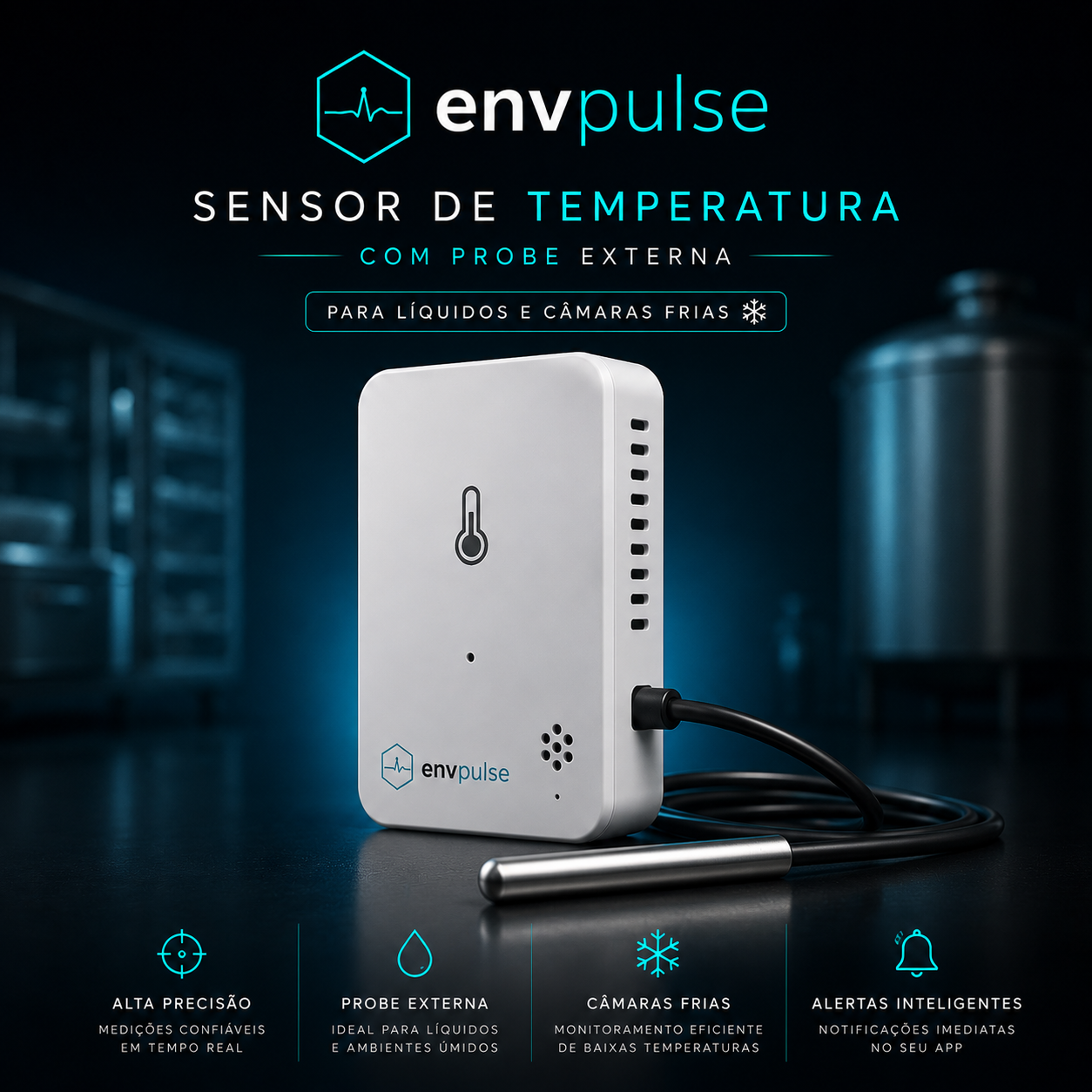 Sensor de Temperatura com probe externa para líquidos e câmaras frias